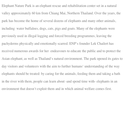 Elephant Nature Park is an elephant rescue and rehabilitation center set in a natural valley approximately 60 km from Chiang Mai, Northern Thailand. Over the years, the park has become the home of several dozens of elephants and many other animals, including  water buffaloes, dogs, cats, pigs and goats. Many of the elephants were previously used in illegal logging and forced breeding programmes, leaving the pachyderms physically and emotionally scarred. ENP‘s founder Lek Chailert has received numerous awards for her  endeavours to educate the public and to protect the Asian elephant, as well as Thailand‘s natural environment. The park opened its gates to day visitors and volunteers with the aim to further humans‘ understanding of the way elephants should be treated: by caring for the animals, feeding them and taking a bath in the river with them, people can learn about -and spend time with- elephants in an environment that doesn‘t exploit them and in which animal welfare comes first.  
