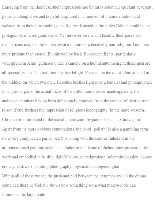 Emerging from the darkness, their expressions are by turns solemn, expectant, reverent, pious, contemplative and hopeful. Captured in a moment of intense emotion and isolated from their surroundings, the figures depicted in the series Goliath could be the protagonists of a religious scene. Yet however serene and beatific their poses and mannerisms may be, these men await a rapture of a decidedly non-religious kind, one more profane than sacred. Illuminated by basic fluorescent lights (particularly widespread in Asia), gathered under a canopy on a humid autumn night, these men are all spectators at a Thai tradition, the beetlefight. Focused on the quasi-altar situated in the middle (on which two male Hercules beetles fight over a female) and photographed in singles or pairs, the actual focus of their attention is never made apparent; the audience members having been deliberately removed from the context of their current raison d’etre furthers the impression of religious iconography (in the more western, Christian tradition) and of the use of chiaroscuro by painters such as Caravaggio. 
Apart from its more obvious connotations, the word ‘goliath’ is also a gambling term for a very complicated parlay bet: this, along with the contrast inherent in the aforementioned painting style  [...] alludes to the theme of dichotomies present in the work and embodied in its title: light/shadow, sacred/profane, solemnity/passion, agony/ecstasy, east/west, painting/photography, big/small, analogue/digital.
Within all of these we see the push and pull between the extremes and all the drama contained therein; 'Goliath' shows how something somewhat macroscopic can illuminate the large scale.
